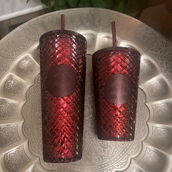SET OF TWO NWT STARBUCKS 2022 SANGRIA RED 16 oz AND 24 oz Jeweled Tumblers - Picture 2 of 3